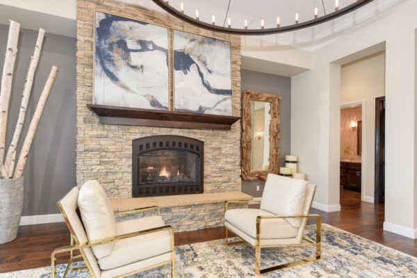 Alderwood Stacked Stone Fireplace